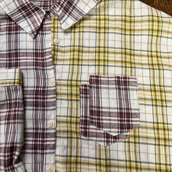 POL womens sz large long sleeve top raw edges red yellow plaid button up shirt - Picture 3 of 7